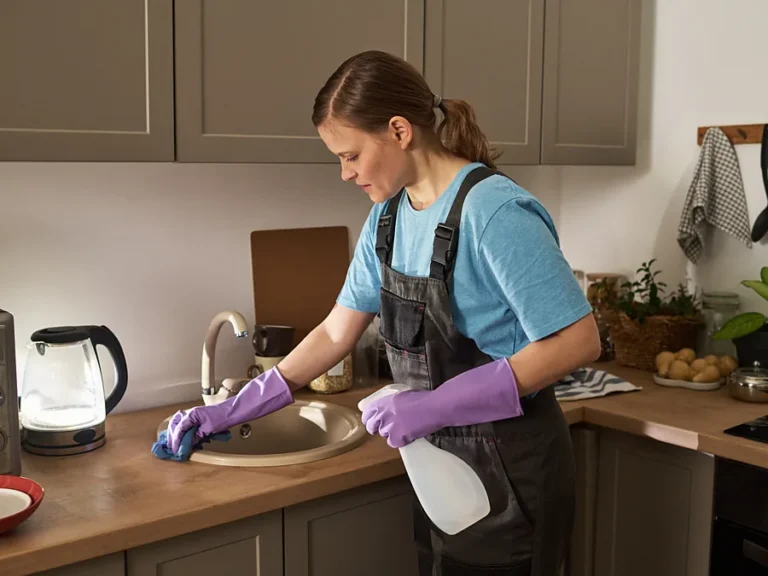 Entretien de la cuisine : une femme en gants violets nettoie l'évier et le plan de travail avec un spray et une microfibre