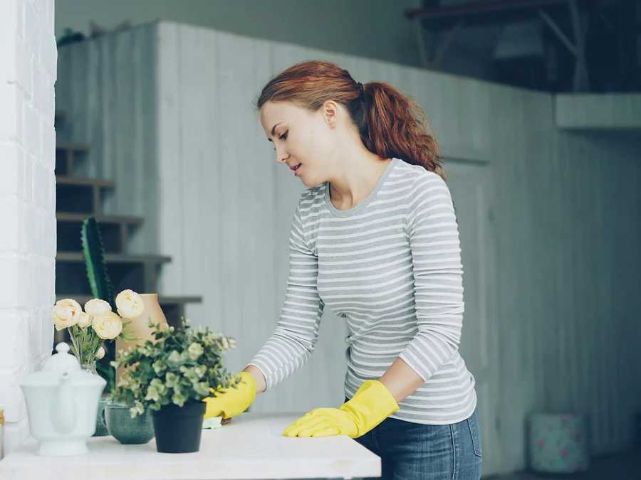 Ménage à domicile à Bruxelles : table blanche essuyée avec des gants jaunes, près de plantes en pot