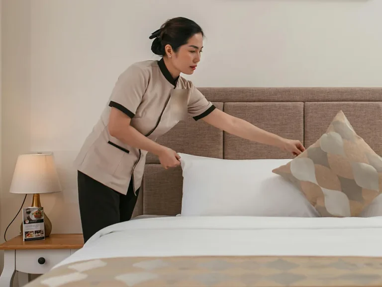 Nettoyage d'hôtel : une employée d'étage en uniforme dispose les oreillers d'un lit fraîchement refait