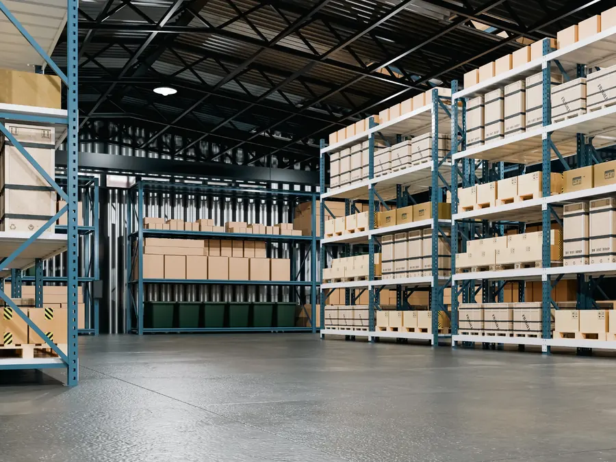 Nettoyage industriel : allée d'entrepôt au sol en béton propre entre des racks de stockage chargés